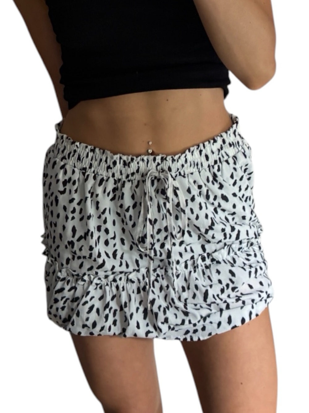 PRINCESS POLLY Nelly Style Dalmatian Print Tiered Ruffle Smocked Mini Skirt